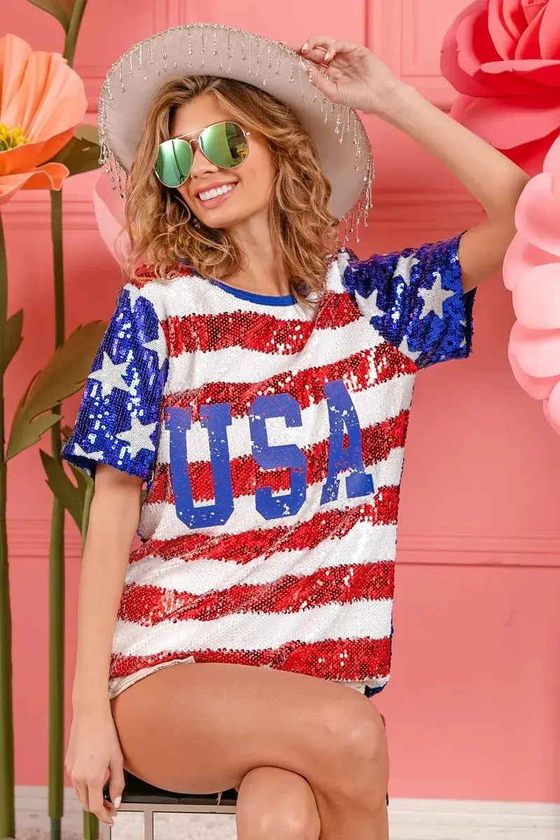 BiBi American Flag Theme USA Lettering Sequin Top - Love Salve